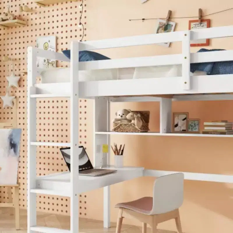 Lit mezzanine durable à double niveau avec bureau intégré et étagère de rangement