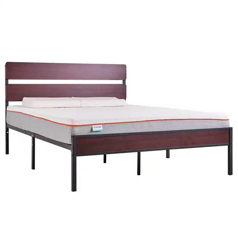Cadre de lit VECELO Queen/King avec tête de lit en bois, sommier plateforme en métal sans besoin de sommier tapissier avec lattes en acier robustes, marron