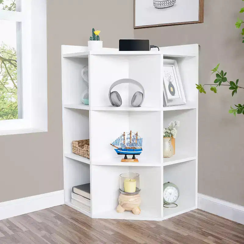Home Imports Emporium Corner Storage Shelf  9-Cube Organizer Cabinet with USB Ports, Outlets, Ideal for Small Spaces
