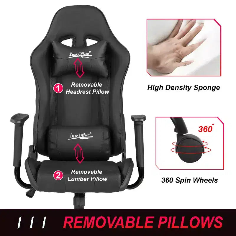 Chaise de jeu BestMassage, chaise de bureau avec support lombaire, appui-tête, accoudoirs et roulettes pivotantes pour joueurs de PC