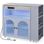 Îlot de cuisine roulant avec table extensible, éclairage LED, prises électriques, portes vitrées, rangement et étagères ouvertes