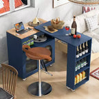 Îlot de cuisine roulant avec table extensible, éclairage LED, prises électriques, portes vitrées, rangement et étagères ouvertes