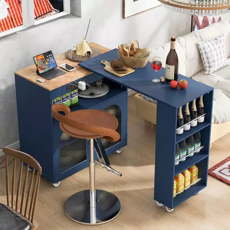 Îlot de cuisine roulant avec table extensible, éclairage LED, prises électriques, portes vitrées, rangement et étagères ouvertes