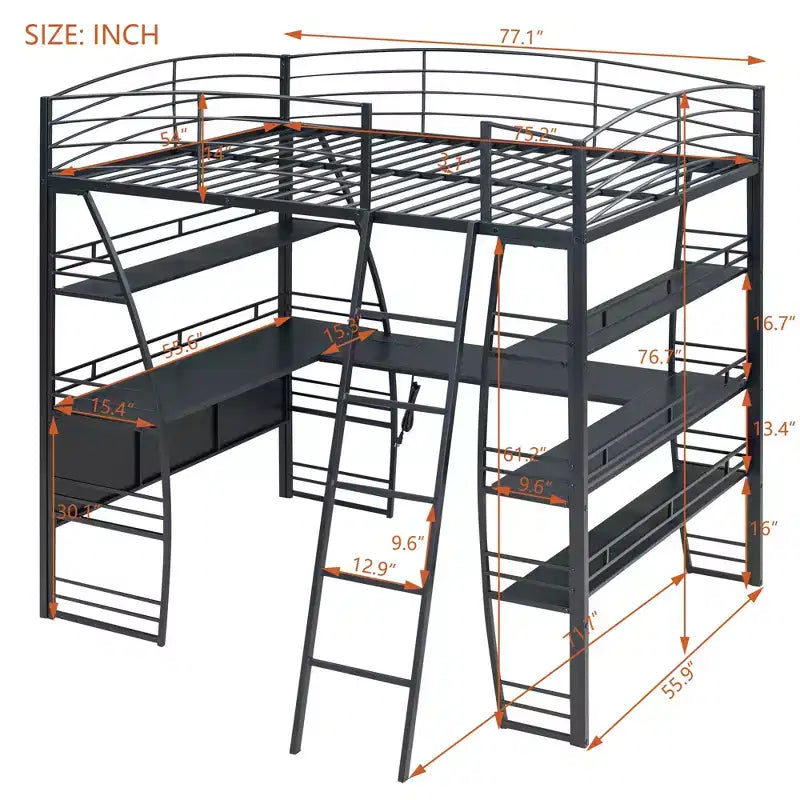 Lit mezzanine Whisen 77.1L x 56.7W, cadre métallique, design élégant, taille double avec étagères et bureau en L.