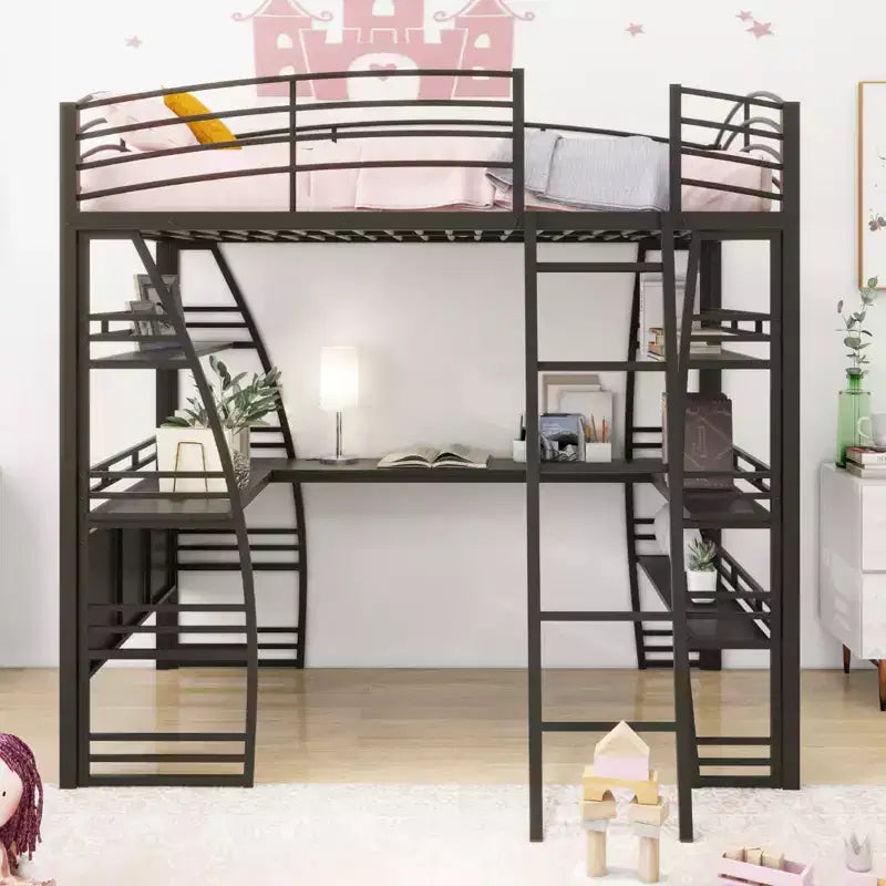 Lit mezzanine Whisen 77.1L x 56.7W, cadre métallique, design élégant, taille double avec étagères et bureau en L.