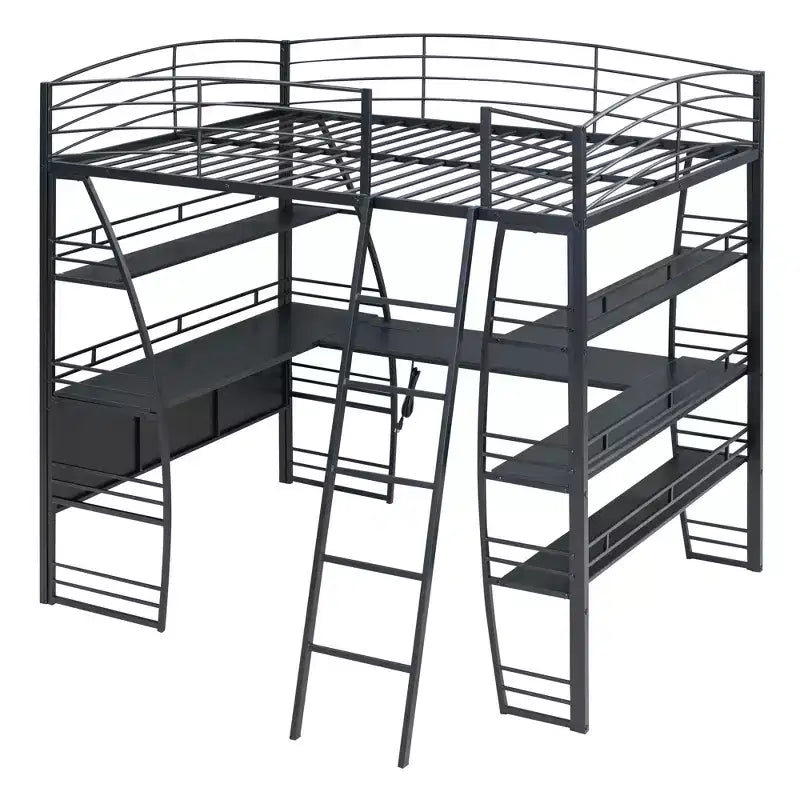 Lit mezzanine Whisen 77.1L x 56.7W, cadre métallique, design élégant, taille double avec étagères et bureau en L.
