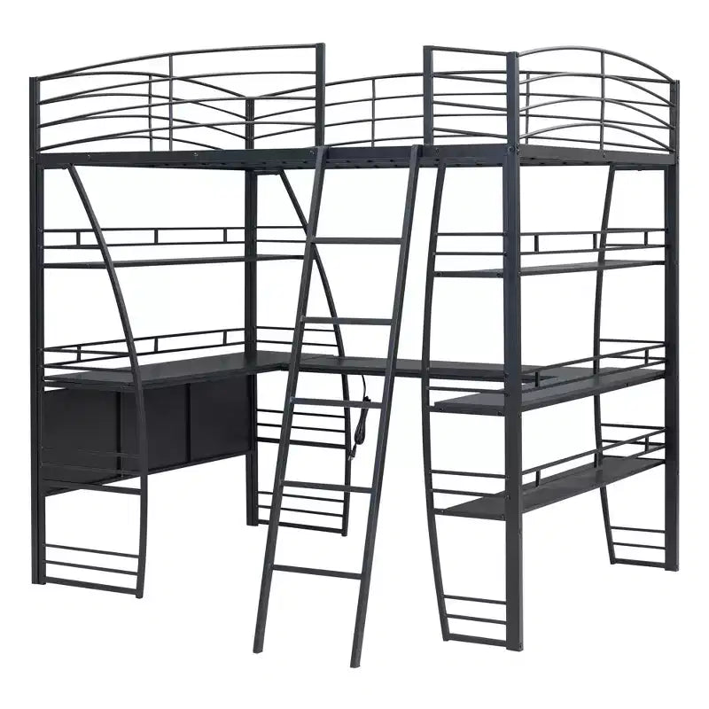 Lit mezzanine Whisen 77.1L x 56.7W, cadre métallique, design élégant, taille double avec étagères et bureau en L.