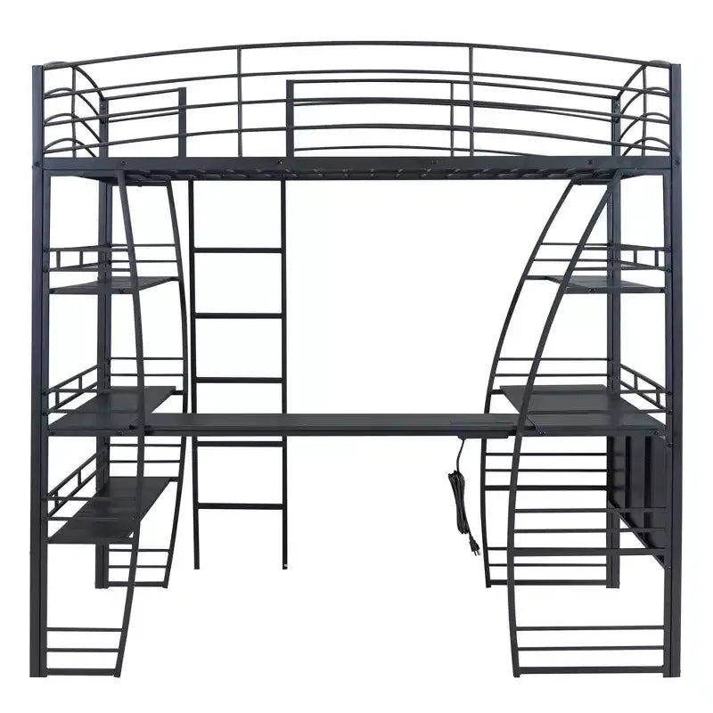 Lit mezzanine Whisen 77.1L x 56.7W, cadre métallique, design élégant, taille double avec étagères et bureau en L.