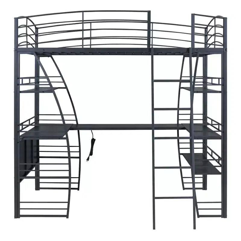 Lit mezzanine Whisen 77.1L x 56.7W, cadre métallique, design élégant, taille double avec étagères et bureau en L.