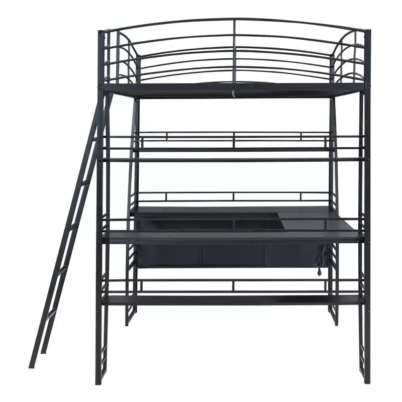 Lit mezzanine Whisen 77.1L x 56.7W, cadre métallique, design élégant, taille double avec étagères et bureau en L.