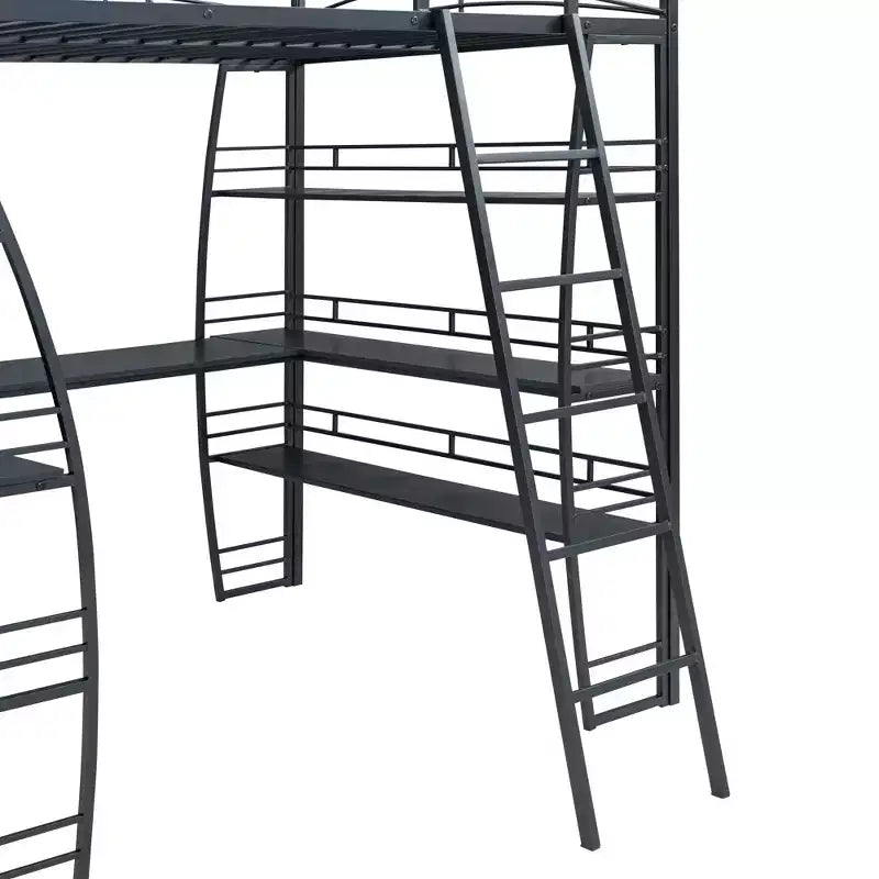 Lit mezzanine Whisen 77.1L x 56.7W, cadre métallique, design élégant, taille double avec étagères et bureau en L.