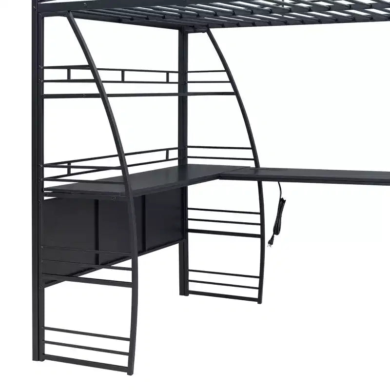 Lit mezzanine Whisen 77.1L x 56.7W, cadre métallique, design élégant, taille double avec étagères et bureau en L.