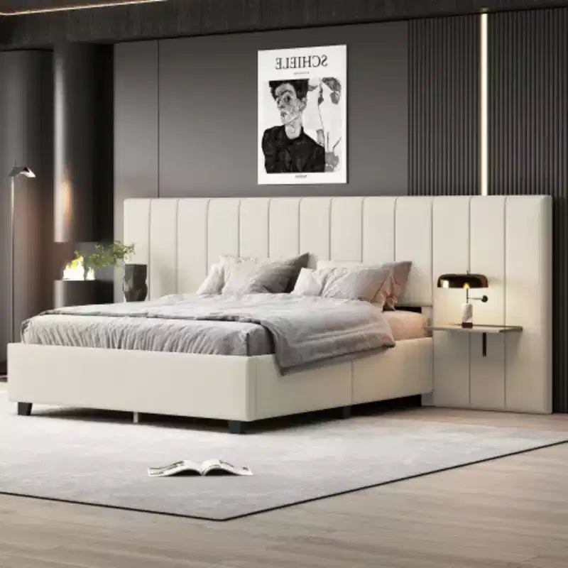Lit plateforme capitonné Queen Size avec grande tête de lit, Mobilier de chambre
