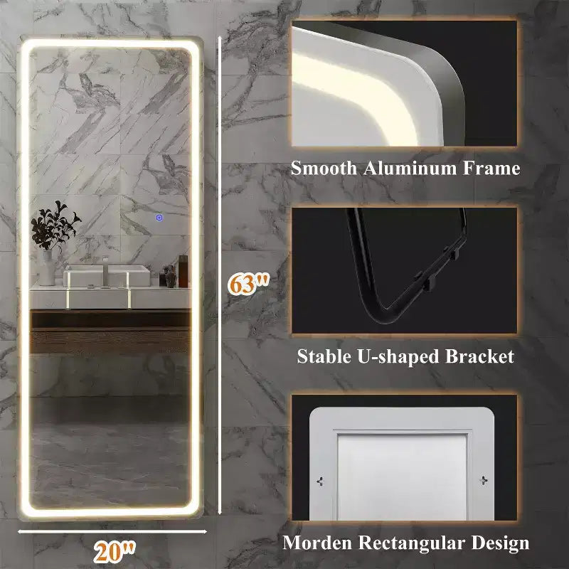 PexFix Miroir rectangulaire moderne sans cadre de 50,8 cm (20 po) de large x 160 cm (63 po) de haut avec coins arrondis en argent