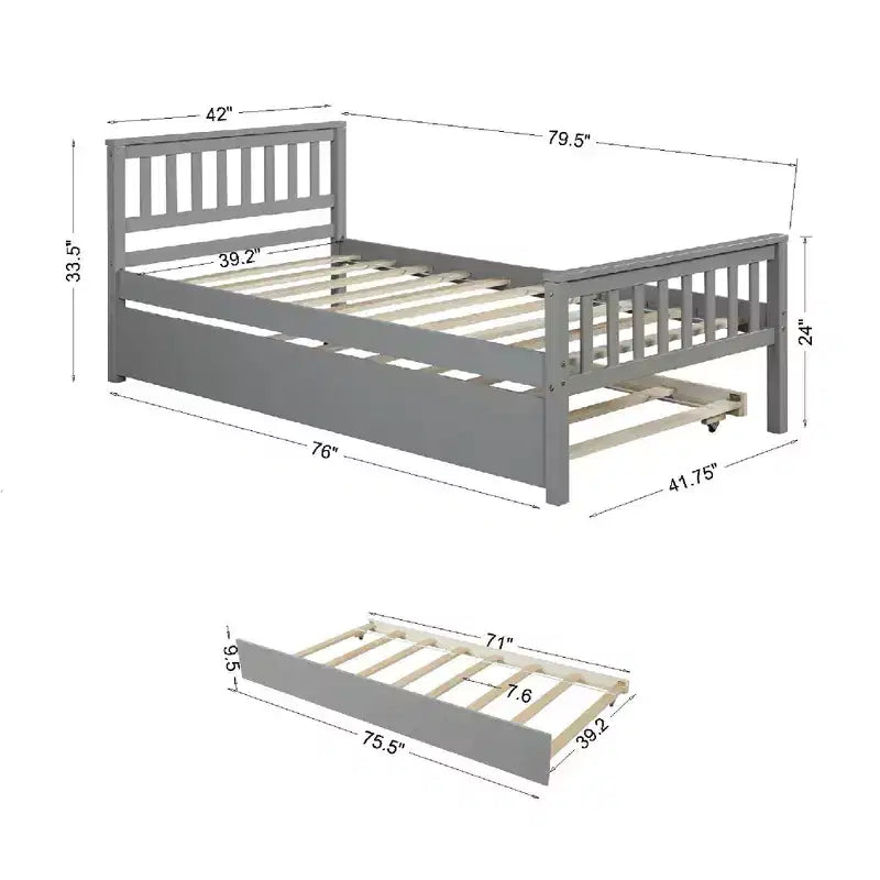 Cadre de lit plateforme en bois Whisen, taille double, avec lit gigogne, tête et pied de lit