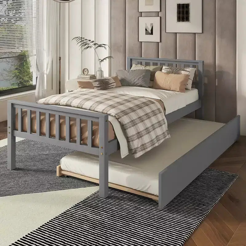 Cadre de lit plateforme en bois Whisen, taille double, avec lit gigogne, tête et pied de lit