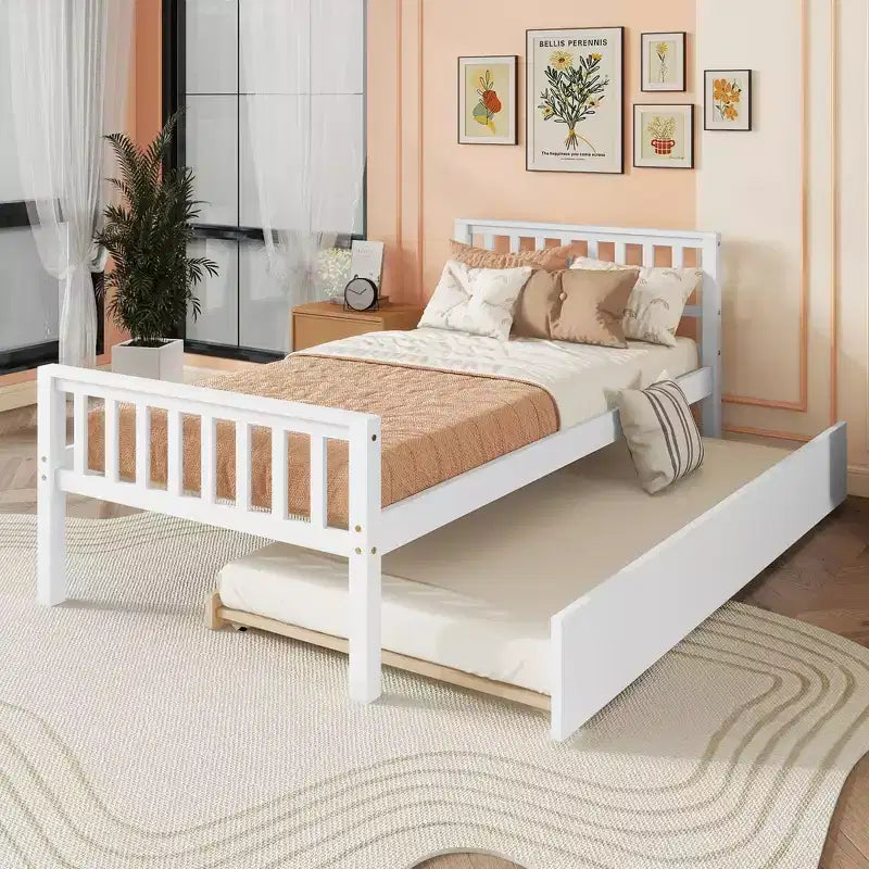 Cadre de lit plateforme en bois Whisen, taille double, avec lit gigogne, tête et pied de lit