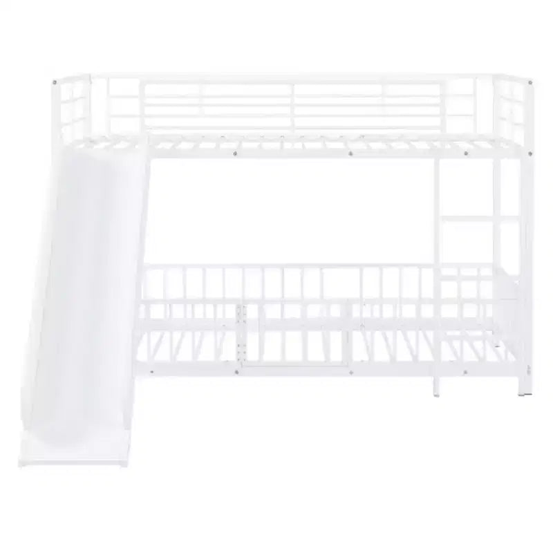 Lit superposé métallique double avec toboggan et garde-corps, blanc