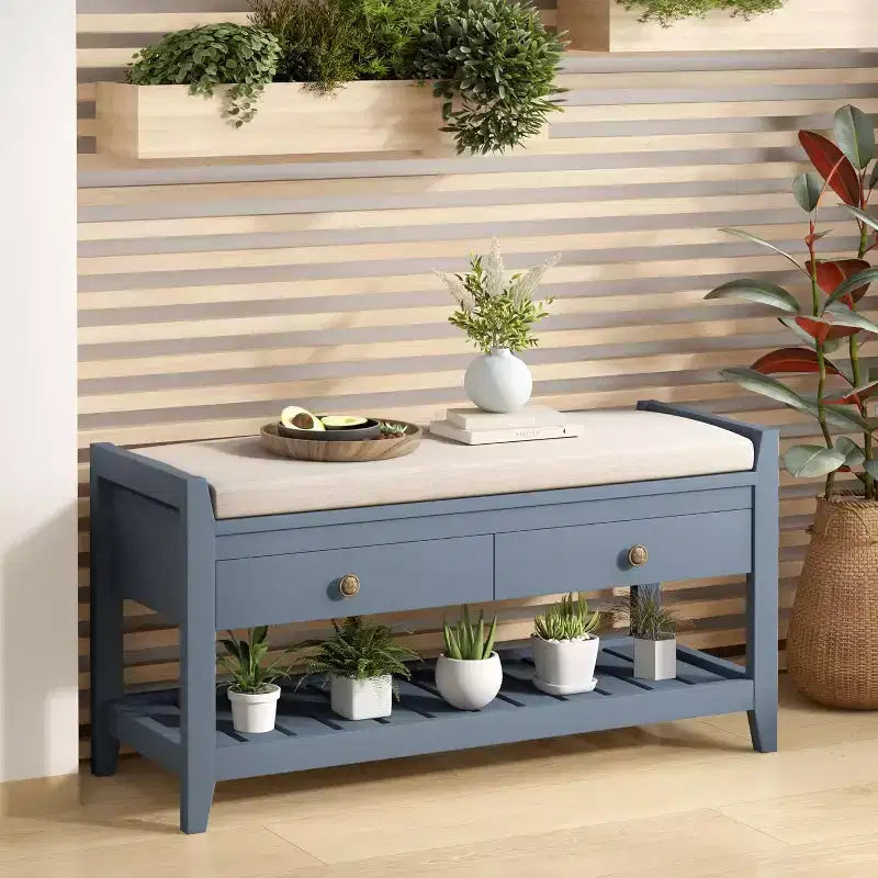 Tree City - Banc d'entrée 2-en-1 avec coussin et meuble à chaussures de rangement, 99 cm