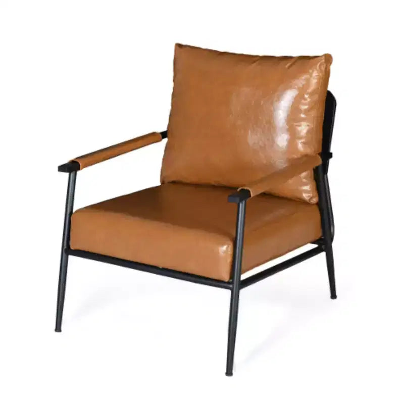 Chaise Mid-Century Moderne : Cuir synthétique marron, Structure en métal, Accoudoirs en bois - pour Salon, Chambre, Bureau