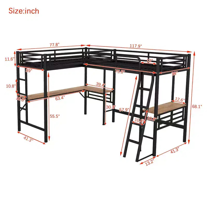 Whisen Lit mezzanine double en métal 117,9 po L x 77,9 po l x 68,1 po H avec 2 bureaux intégrés et 2 échelles – Noir