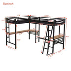 Whisen Lit mezzanine double en métal 117,9 po L x 77,9 po l x 68,1 po H avec 2 bureaux intégrés et 2 échelles – Noir