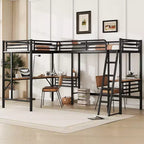 Whisen Lit mezzanine double en métal 117,9 po L x 77,9 po l x 68,1 po H avec 2 bureaux intégrés et 2 échelles – Noir