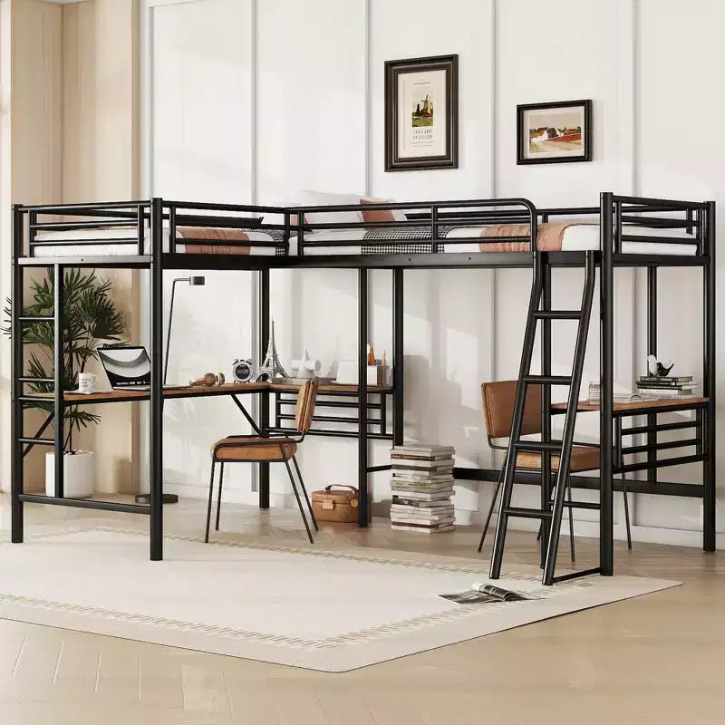 Whisen Lit mezzanine double en métal 117,9 po L x 77,9 po l x 68,1 po H avec 2 bureaux intégrés et 2 échelles – Noir