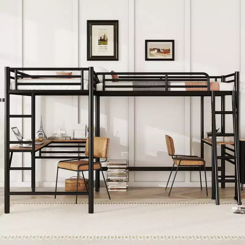 Whisen Lit mezzanine double en métal 117,9 po L x 77,9 po l x 68,1 po H avec 2 bureaux intégrés et 2 échelles – Noir