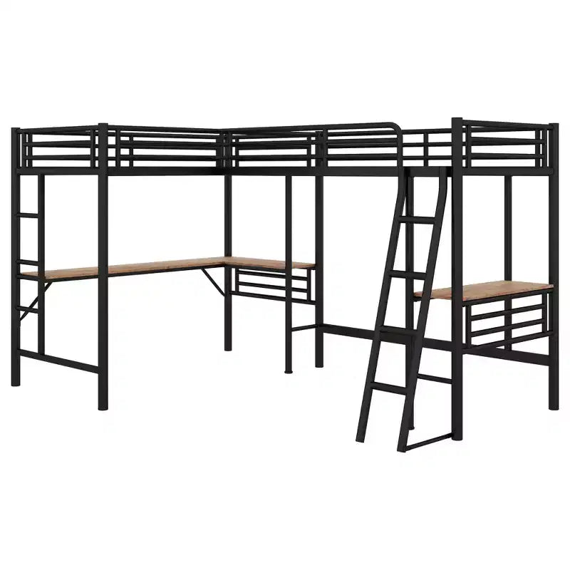 Whisen Lit mezzanine double en métal 117,9 po L x 77,9 po l x 68,1 po H avec 2 bureaux intégrés et 2 échelles – Noir