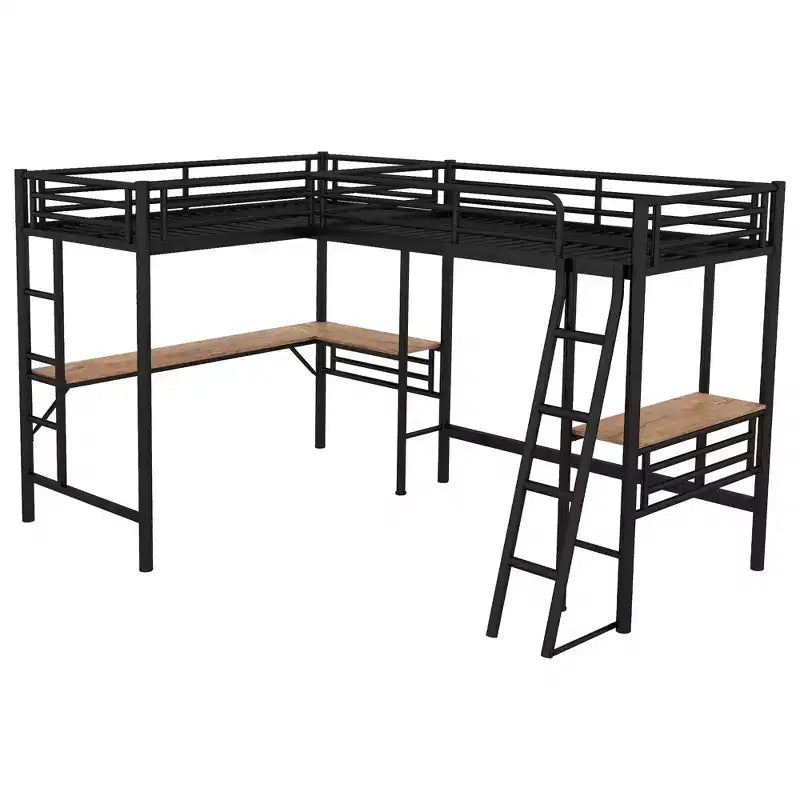 Whisen Lit mezzanine double en métal 117,9 po L x 77,9 po l x 68,1 po H avec 2 bureaux intégrés et 2 échelles – Noir
