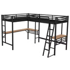 Whisen Lit mezzanine double en métal 117,9 po L x 77,9 po l x 68,1 po H avec 2 bureaux intégrés et 2 échelles – Noir