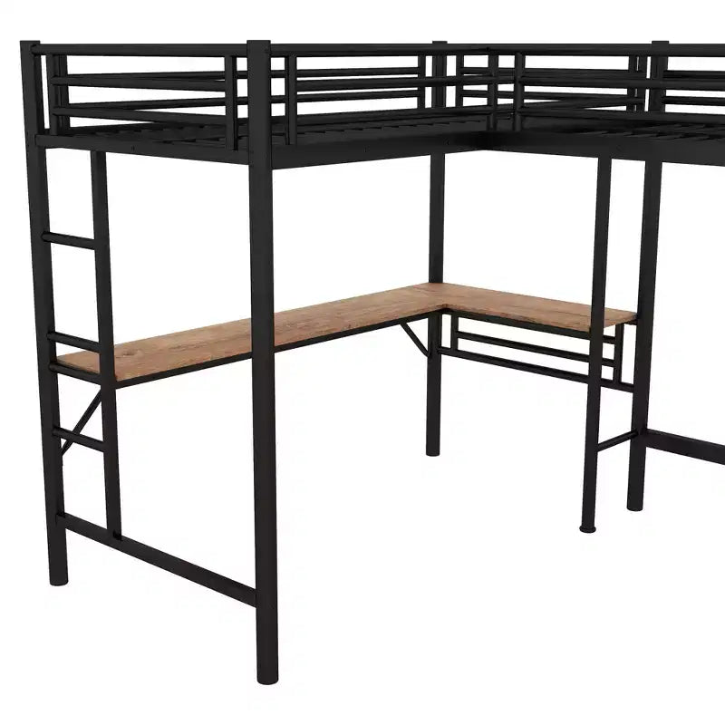 Whisen Lit mezzanine double en métal 117,9 po L x 77,9 po l x 68,1 po H avec 2 bureaux intégrés et 2 échelles – Noir