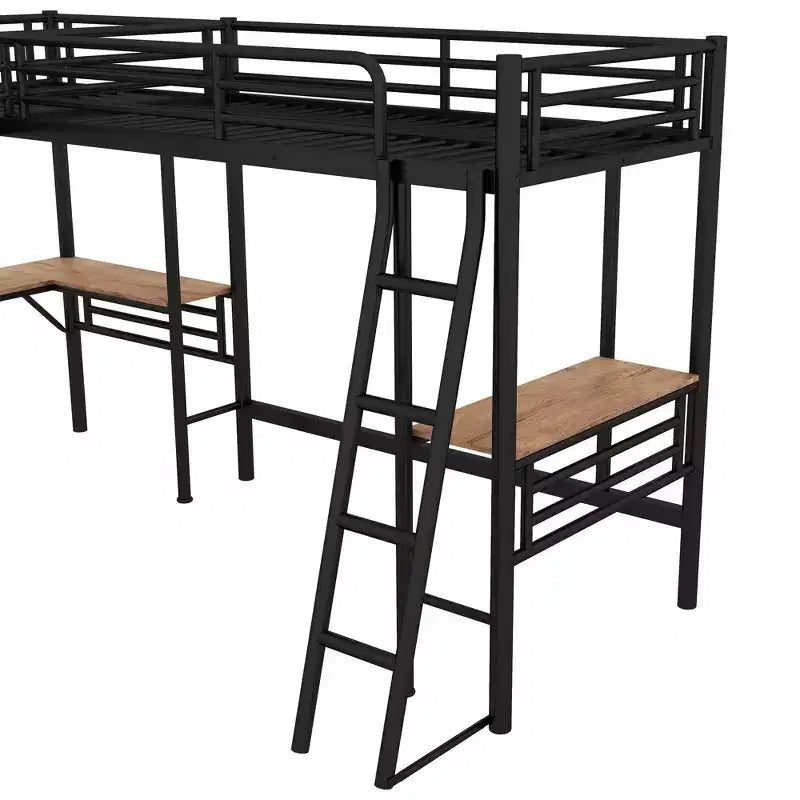 Whisen Lit mezzanine double en métal 117,9 po L x 77,9 po l x 68,1 po H avec 2 bureaux intégrés et 2 échelles – Noir