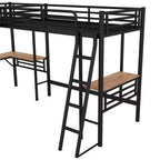 Whisen Lit mezzanine double en métal 117,9 po L x 77,9 po l x 68,1 po H avec 2 bureaux intégrés et 2 échelles – Noir