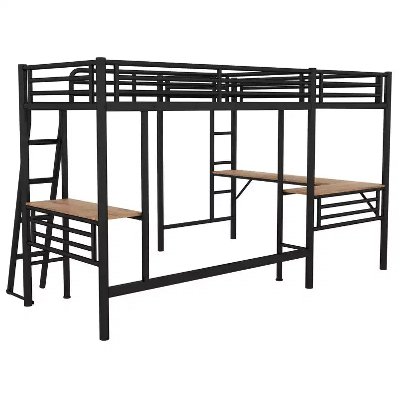 Whisen Lit mezzanine double en métal 117,9 po L x 77,9 po l x 68,1 po H avec 2 bureaux intégrés et 2 échelles – Noir