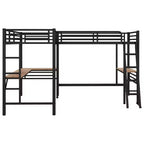 Whisen Lit mezzanine double en métal 117,9 po L x 77,9 po l x 68,1 po H avec 2 bureaux intégrés et 2 échelles – Noir