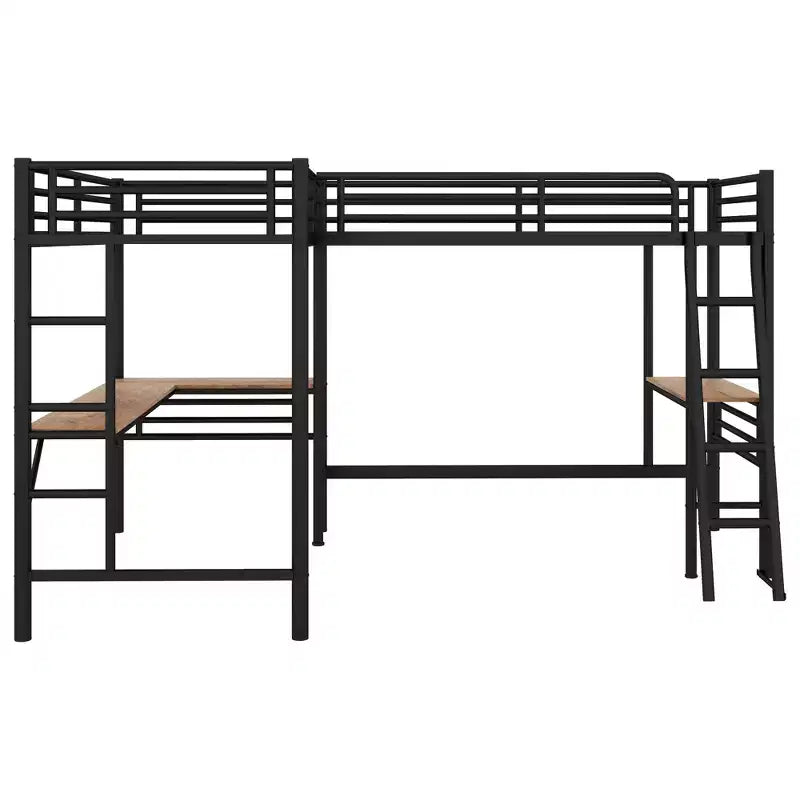 Whisen Lit mezzanine double en métal 117,9 po L x 77,9 po l x 68,1 po H avec 2 bureaux intégrés et 2 échelles – Noir