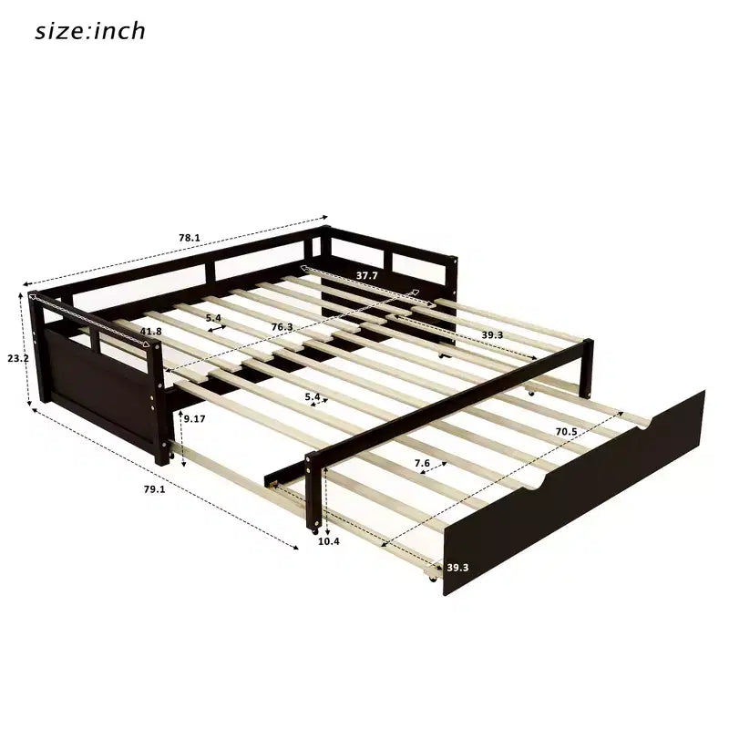 Lit de repos Whisen en bois avec lit gigogne, cadre de lit de repos extensible de taille jumelle à grand lit