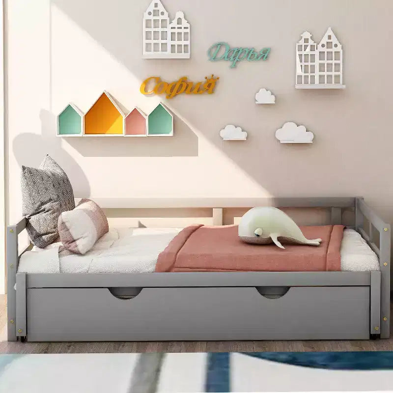Lit de repos Whisen en bois avec lit gigogne, cadre de lit de repos extensible de taille jumelle à grand lit