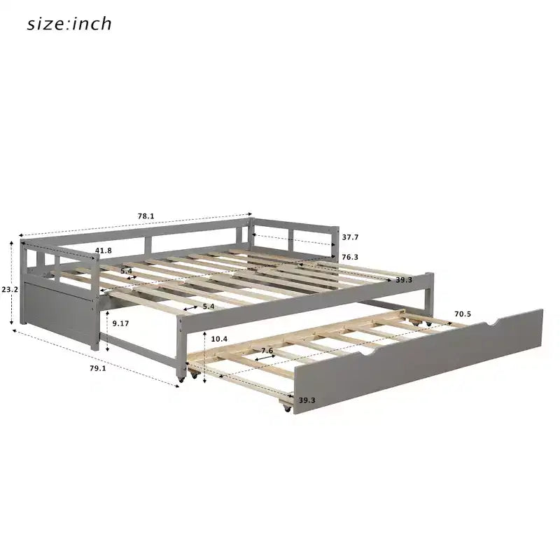 Lit de repos Whisen en bois avec lit gigogne, cadre de lit de repos extensible de taille jumelle à grand lit