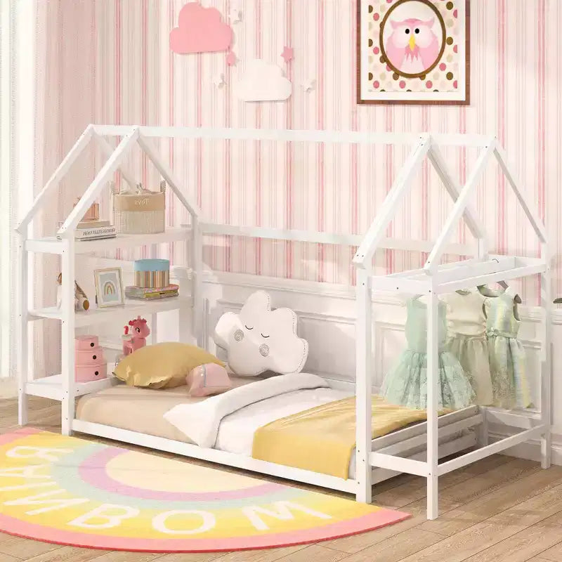 Lit cabane double Costway Montessori au sol avec étagères de rangement détachables Gris/Blanc