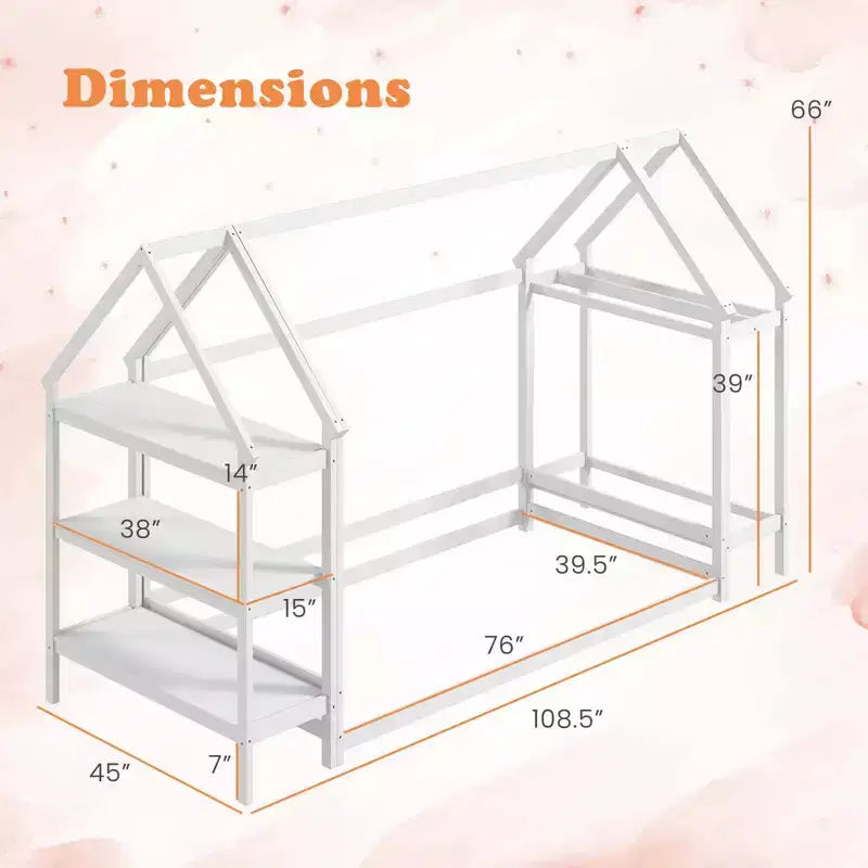 Lit cabane double Costway Montessori au sol avec étagères de rangement détachables Gris/Blanc