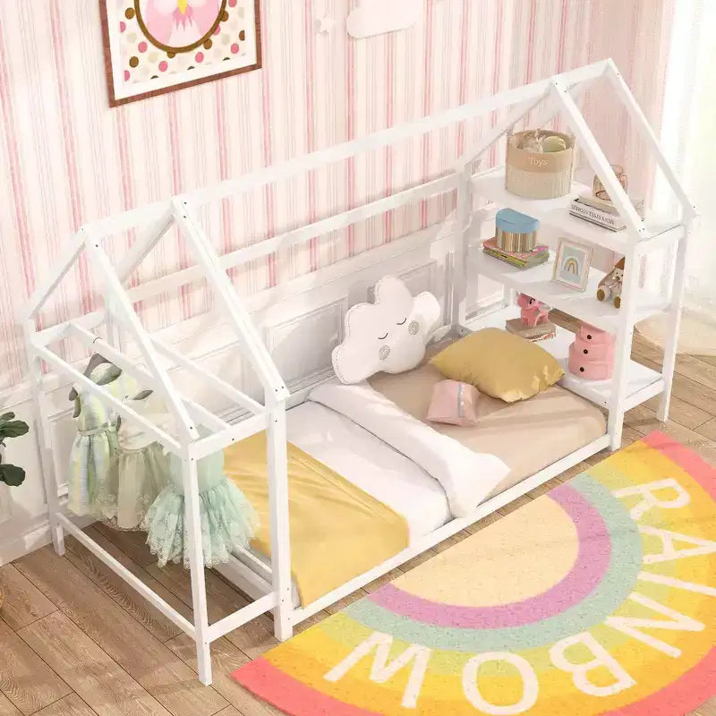 Lit cabane double Costway Montessori au sol avec étagères de rangement détachables Gris/Blanc