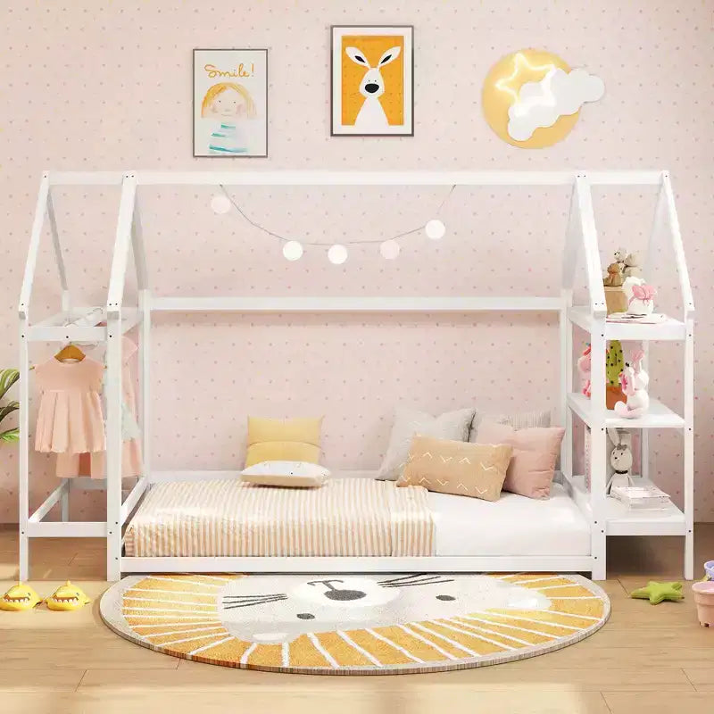 Lit cabane double Costway Montessori au sol avec étagères de rangement détachables Gris/Blanc
