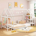 Lit cabane double Costway Montessori au sol avec étagères de rangement détachables Gris/Blanc