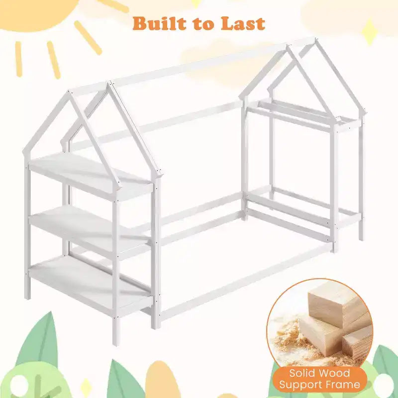 Lit cabane double Costway Montessori au sol avec étagères de rangement détachables Gris/Blanc