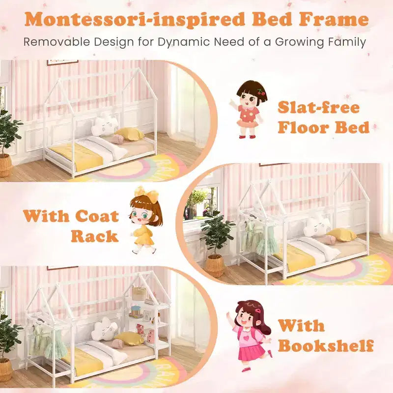 Lit cabane double Costway Montessori au sol avec étagères de rangement détachables Gris/Blanc