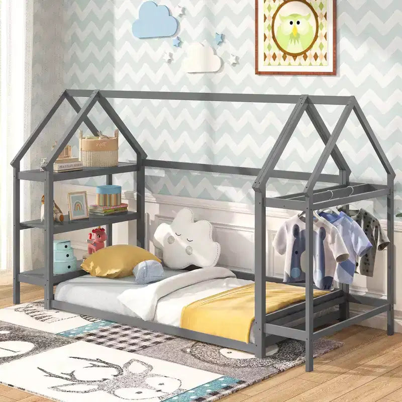 Lit cabane double Costway Montessori au sol avec étagères de rangement détachables Gris/Blanc