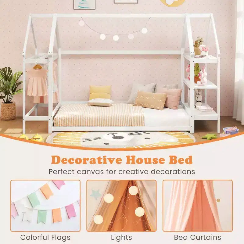 Lit cabane double Costway Montessori au sol avec étagères de rangement détachables Gris/Blanc